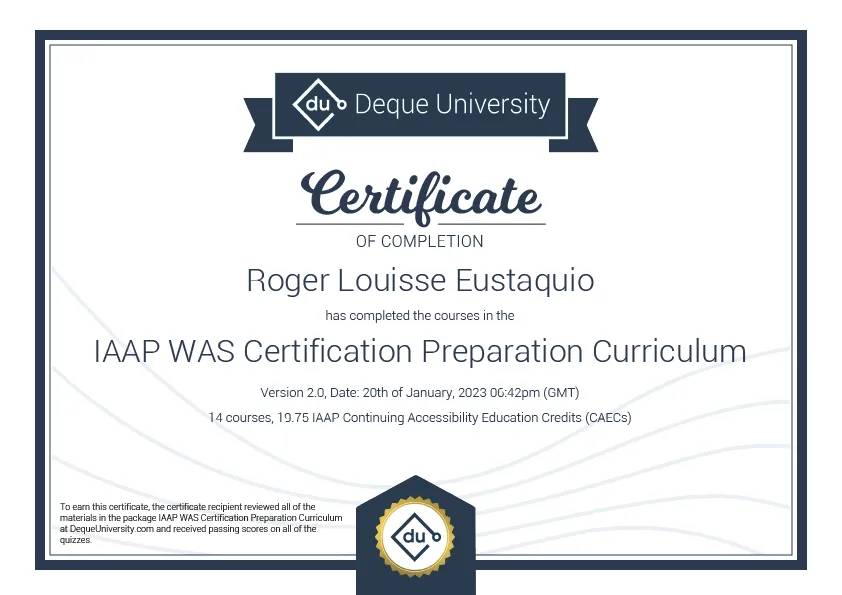 image of certificate of completion in the IAAP WAS certification preparation curriculumm