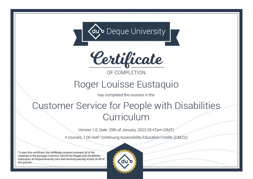 image of certificate of completion in the customer service for people with disabilities curriculum
