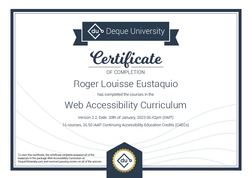 image of certificate of completion in the web accessibility curriculum